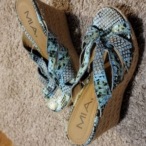 MIA Blue and Black Snakeskin Wedge Sandals